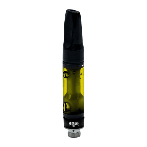 Close-up of the Hard Hitters Blueberry Octane Liquid Diamond Vape Cartridge, showing its clear casing and metallic connector.