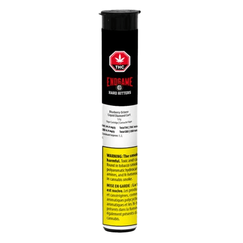 Close-up of the Hard Hitters Blueberry Octane Liquid Diamond Vape Cartridge, displaying its label against a dark background.