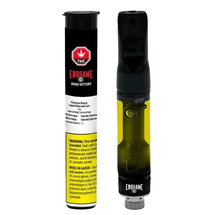 Close-up view of the Hard Hitters Platinum Punch Liquid Diamond Vape Cartridge with visible branding and a metallic connector.