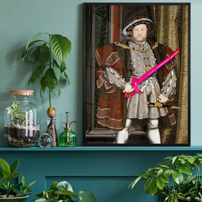 Henry VIII Balloon King Print, quirky altered art print black framed on a living room shelf