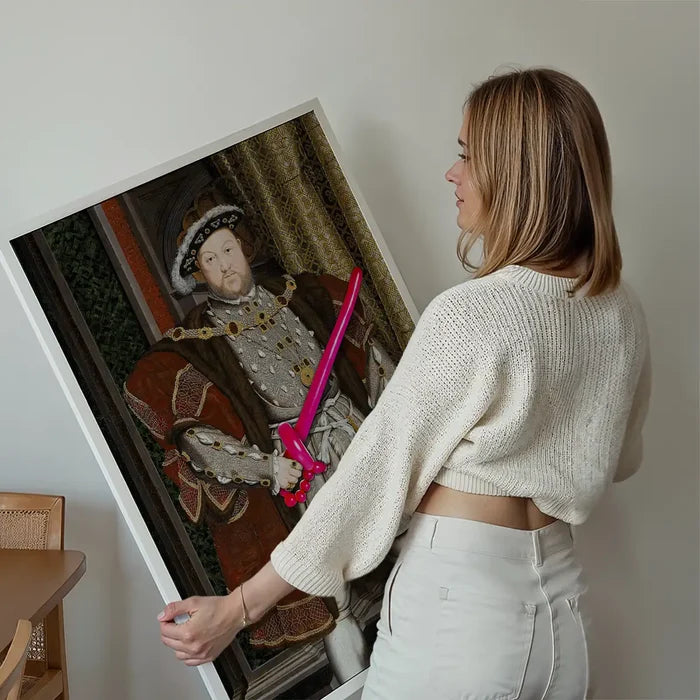 Henry VIII Balloon King Print held up against a living room wall