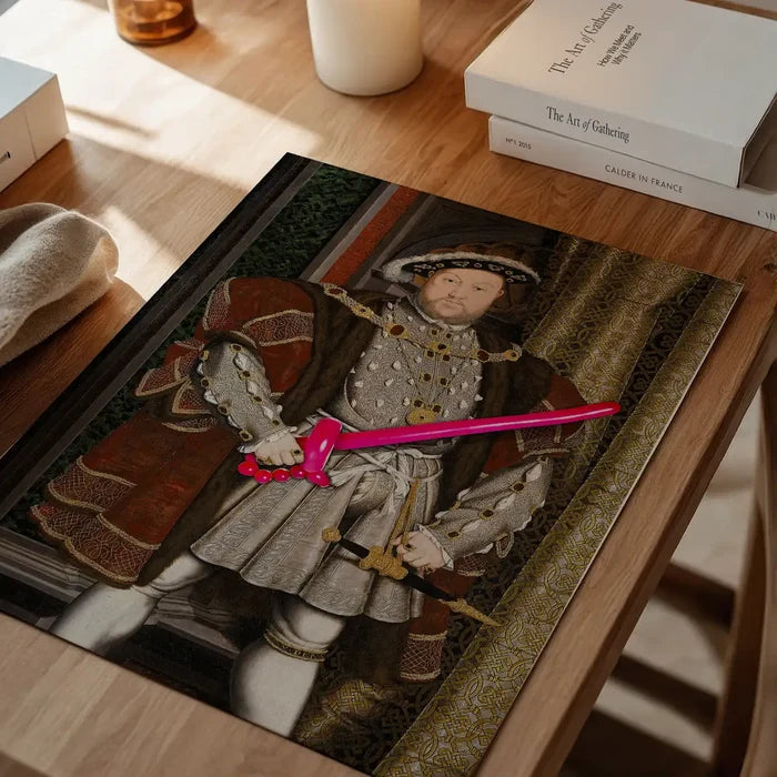 Henry VIII Balloon King Print, quirky altered art print unframed on a home office desk