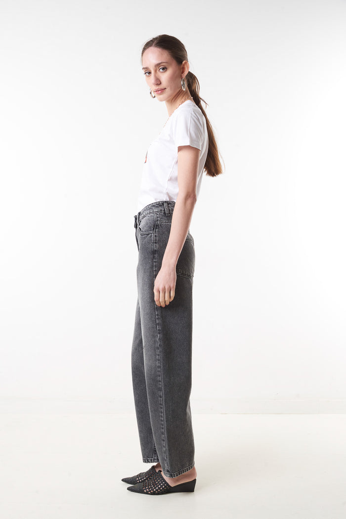 High waist washed denim straight leg cropped jeans wholesale