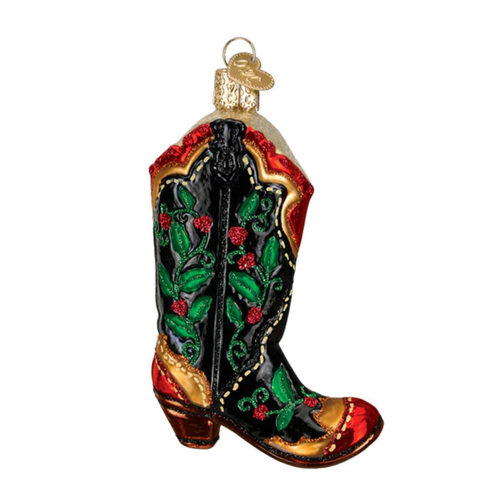 HOLLY BERRY COWBOY BOOT GLASS ORNAMENT