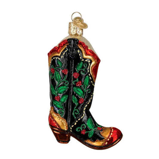HOLLY BERRY COWBOY BOOT GLASS ORNAMENT