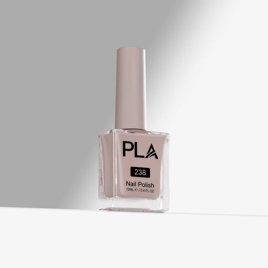 Nail polish bottle with 'PLA' branding on a gray background