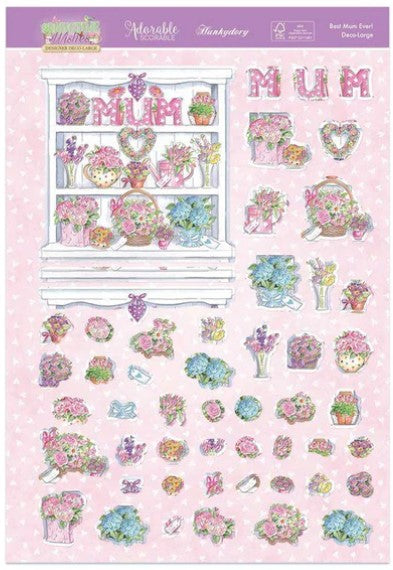Hunkydory Crafts - Springtime WIshes - Deco-Large - Best Mum Ever!.  Spring into the new year with the deco-large collection: Springtime Wishes. The collection features bright and colourful artwork of: pretty florals, homewares, bees, butterflies, birds, kittens, puppies and the Easter bunny. Available at Embellish Away located in Bowmanville Ontario Canada.