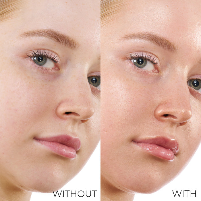 Before and after comparison of the HY-GEN Bronze Primer Serum on a model's face.