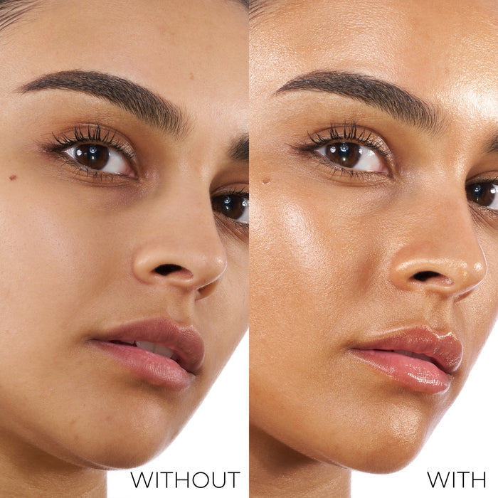 Before and after comparison of the HY-GEN Bronze Primer Serum on a model's face.