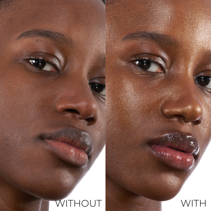 Before and after comparison of the HY-GEN Bronze Primer Serum on a model's face.