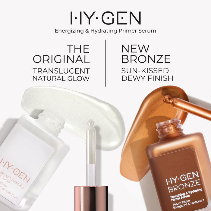 Comparison of two HY-GEN Primer Serums. The Original offers a translucent natural glow, while the Bronze provides a sun-kissed dewy finish. Swatches show white/clear and bronze liquid textures.