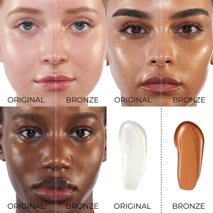 Comparison collage of a the HY-GEN Original vs. HY-GEN Bronze Primer Serums on models with different skin tones, and a comparison of the swatches.