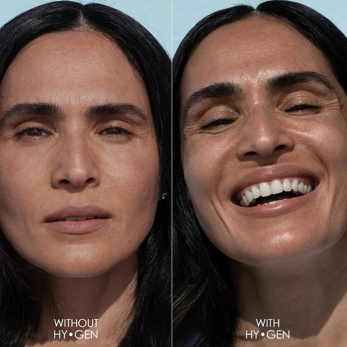 A split-screen with-and-without demonstration of the HY-GEN Original Primer Serum on a model's face.