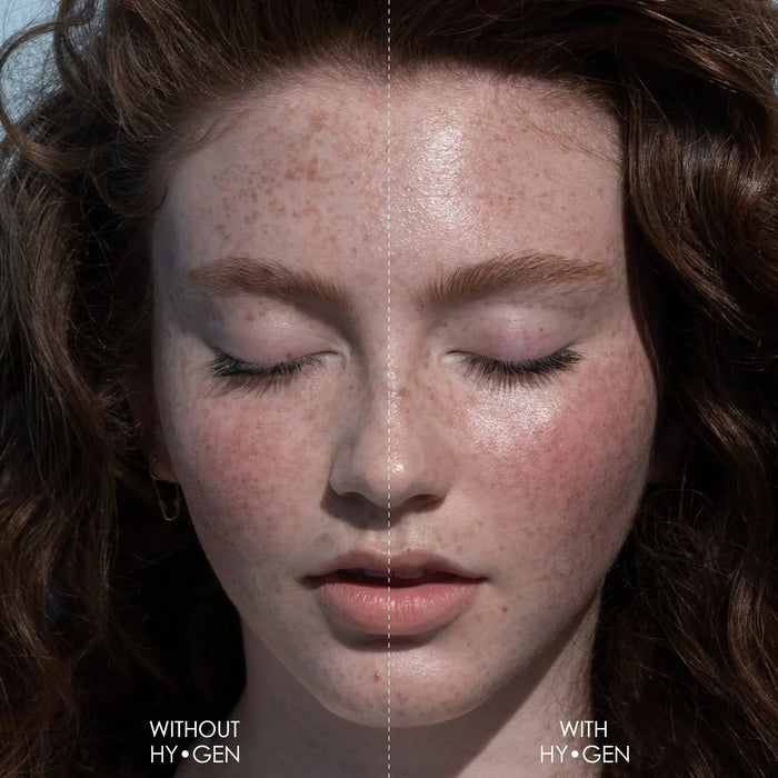 A split-screen with-and-without demonstration of the HY-GEN Original Primer Serum on a model's face.