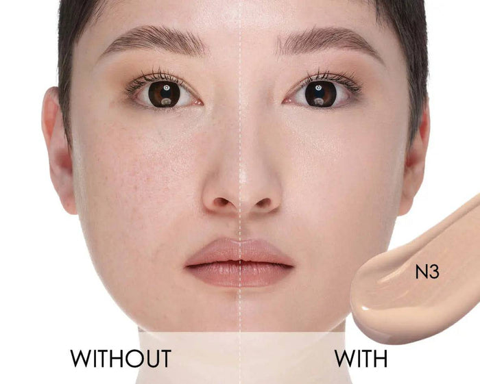 With-and-without comparison of HY-GLAM Concealer in shade N3 on a model's face.