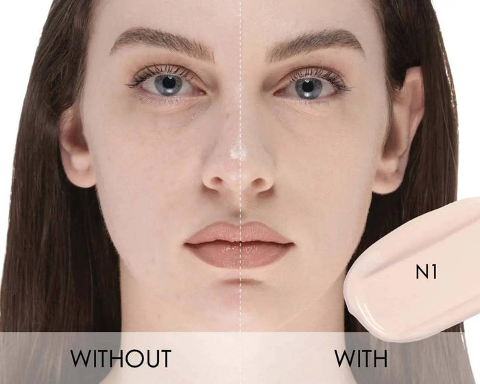 With-and-without comparison of HY-GLAM Concealer in shade N1 on a model's face.