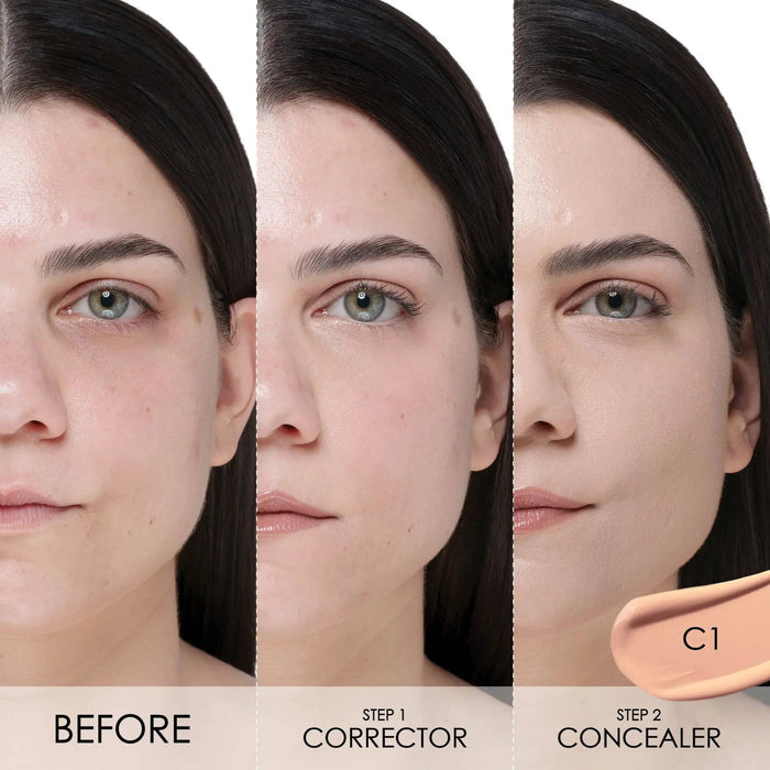 A three-step "Before and After" demonstration using HY-GLAM Concealer and Corrector. It shows initial under-eye discoloration, the application of Step 1: Corrector in shade C1 to neutralize the area, and the final result after Step 2: Concealer for a brightened, even finish.