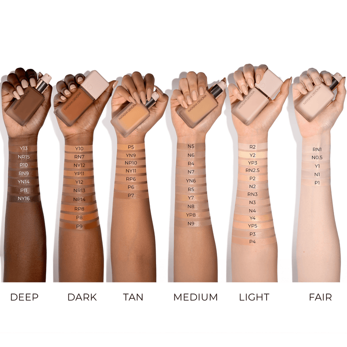 HY-GLAM Foundation arm swatches on different skin tones.