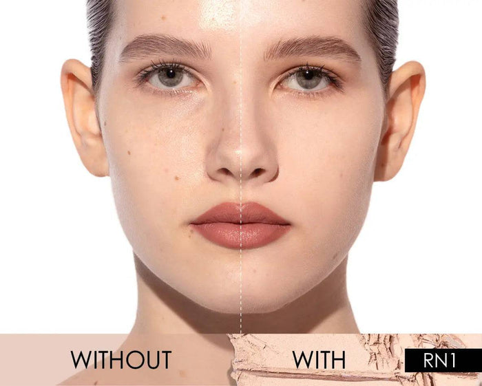 With-and-without demonstration of HY-GLAM Powder Foundation in shade RN1 on a model's face.