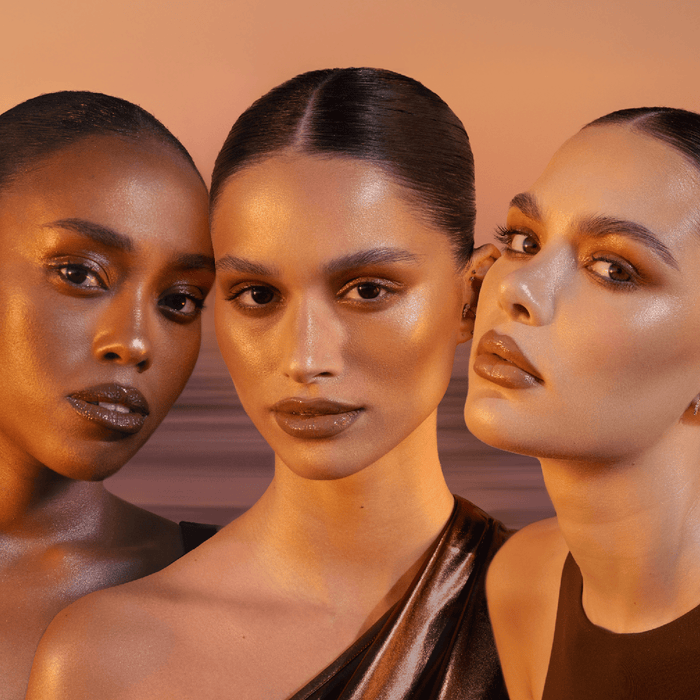 HY-SCULPT Liquid Bronzer model looks with different skin tones on a beach-like background.
