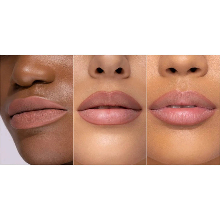 A three-panel demonstration of the I Need a Rose Lip Crayon on models with different skin tones.