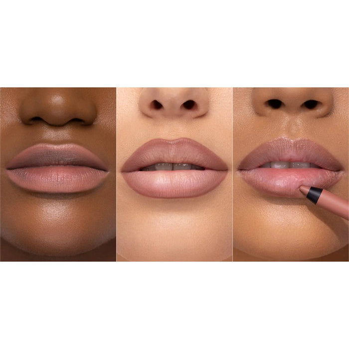 A three-panel demonstration of the I Need a Rose Lip Crayon on models with different skin tones.