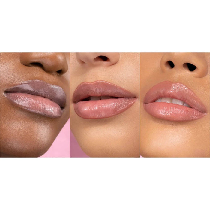 A three-panel demonstration of the I Need a Rose Lip Gloss shade 'Daphne' on models with different skin tones.