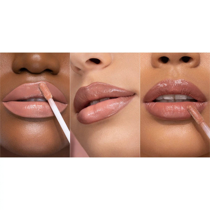 A three-panel demonstration of the I Need a Rose Lip Gloss shade 'Calla' on models with different skin tones.