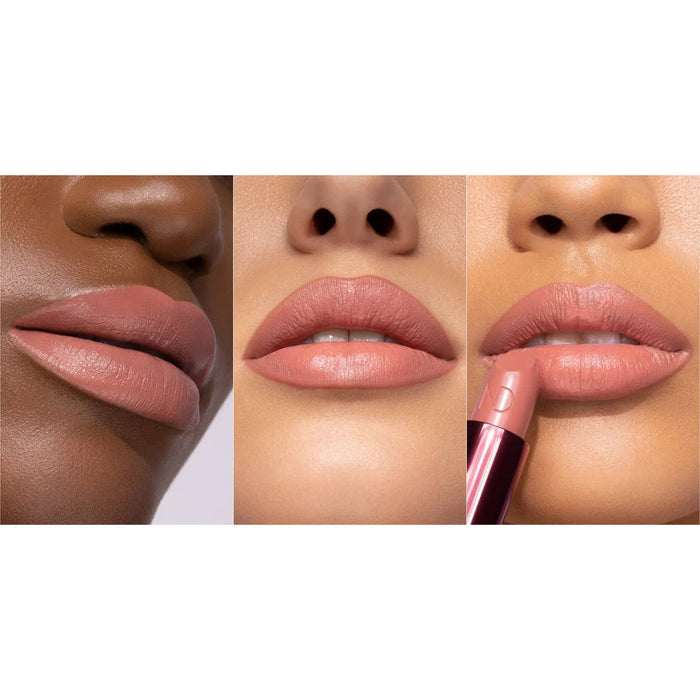 A three-panel demonstration of the I Need a Rose Lipstick on models with different skin tones.
