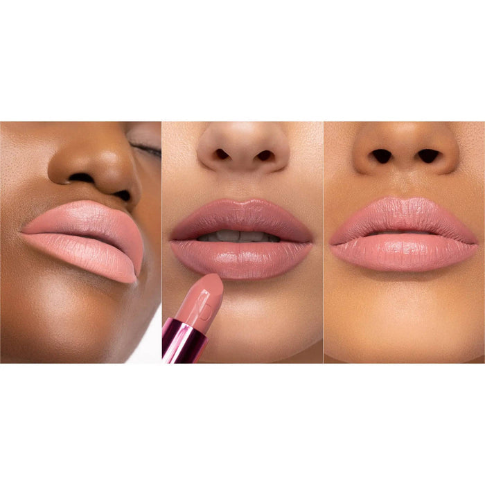 A three-panel demonstration of the I Need a Rose Lipstick on models with different skin tones.
