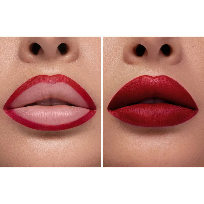 A two-panel demonstration of the I Need a Rouge Lip Crayon and Lipstick on a model's lips.