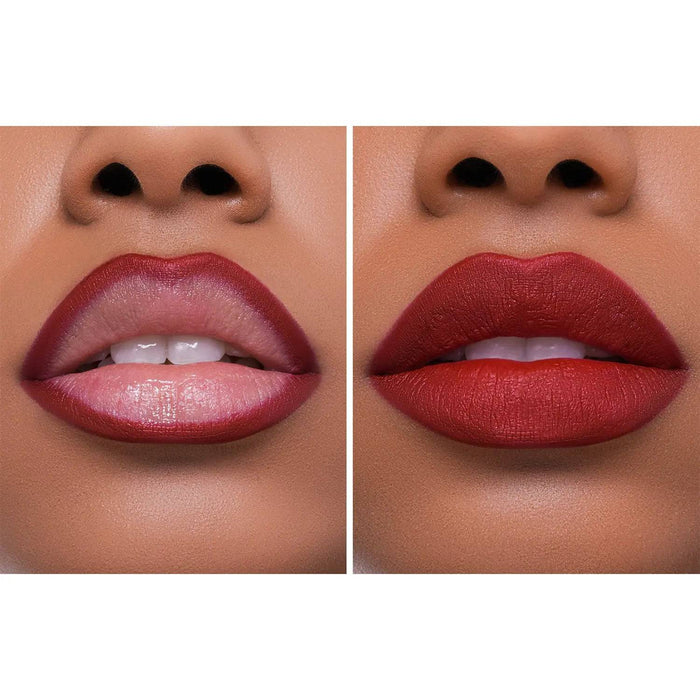 A two-panel demonstration of the I Need a Rouge Lip Crayon and Lipstick on a model's lips.