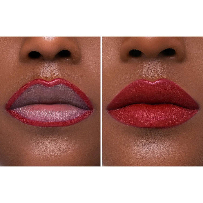 A two-panel demonstration of the I Need a Rouge Lip Crayon and Lipstick on a model's lips.