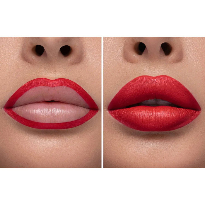 A two-panel demonstration of the I Need a Rouge Lip Crayon and Lipstick on a model's lips.