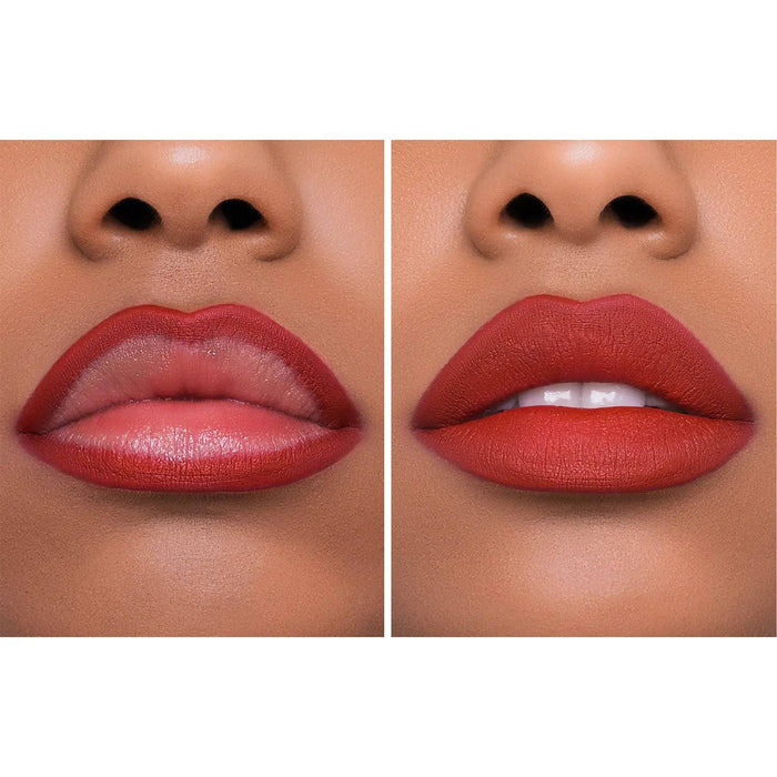 A two-panel demonstration of the I Need a Rouge Lip Crayon and Lipstick on a model's lips.