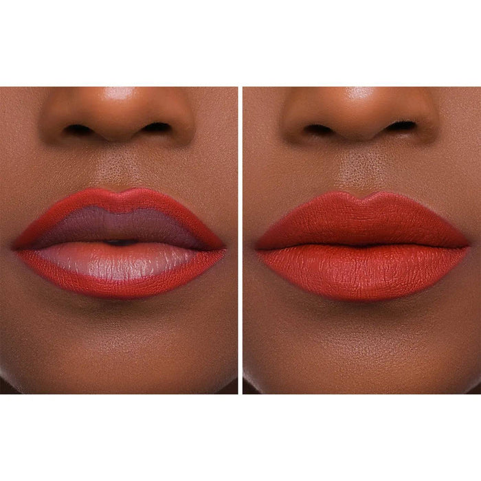 A two-panel demonstration of the I Need a Rouge Lip Crayon and Lipstick on a model's lips.