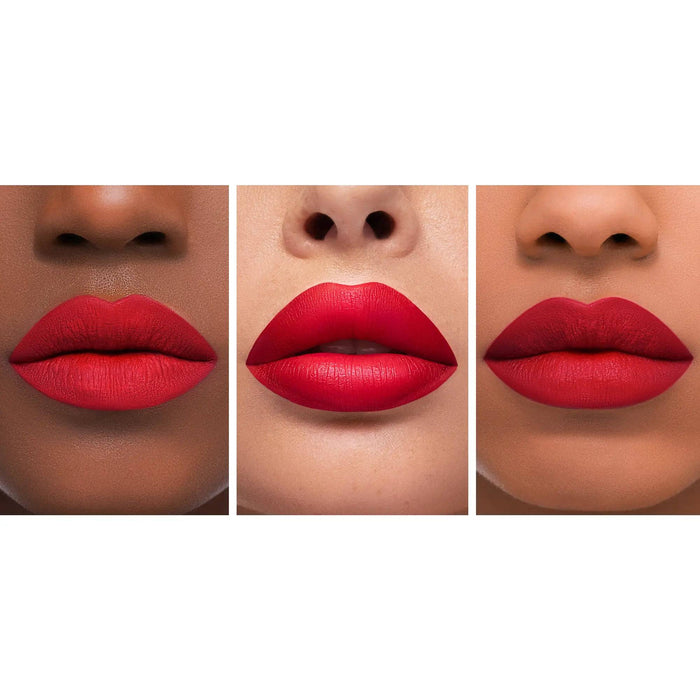A three-panel demonstration of the I Need a Rouge Matte Liquid Lipstick on models with different skin tones.