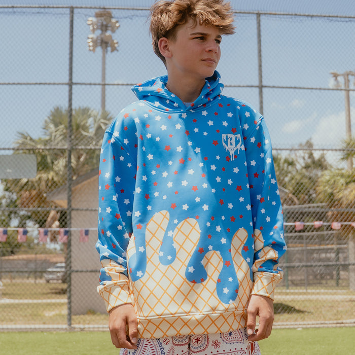 Youth model wearing red Ice Cream USA youth hoodie