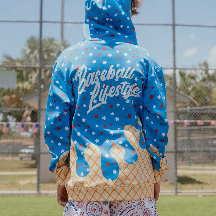 Youth model wearing red Ice Cream USA youth hoodie