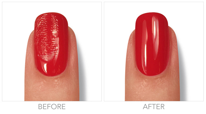 An image displaying a before and after comparison of a fingernail with LONDONTOWN's red vegan nail polish. The "before" nail has a smudged finish, while the "after" nail boasts a smooth, glossy finish thanks to LONDONTOWN's Instant Smudge Fix.