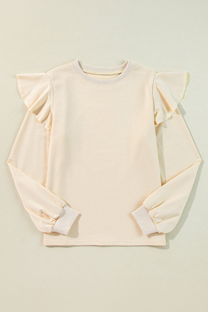 Jet Stream Solid Color Ruffled Shoulder Long Sleeve Blouse 🇺🇸