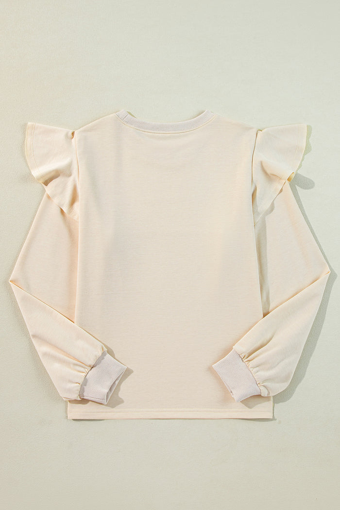 Jet Stream Solid Color Ruffled Shoulder Long Sleeve Blouse 🇺🇸