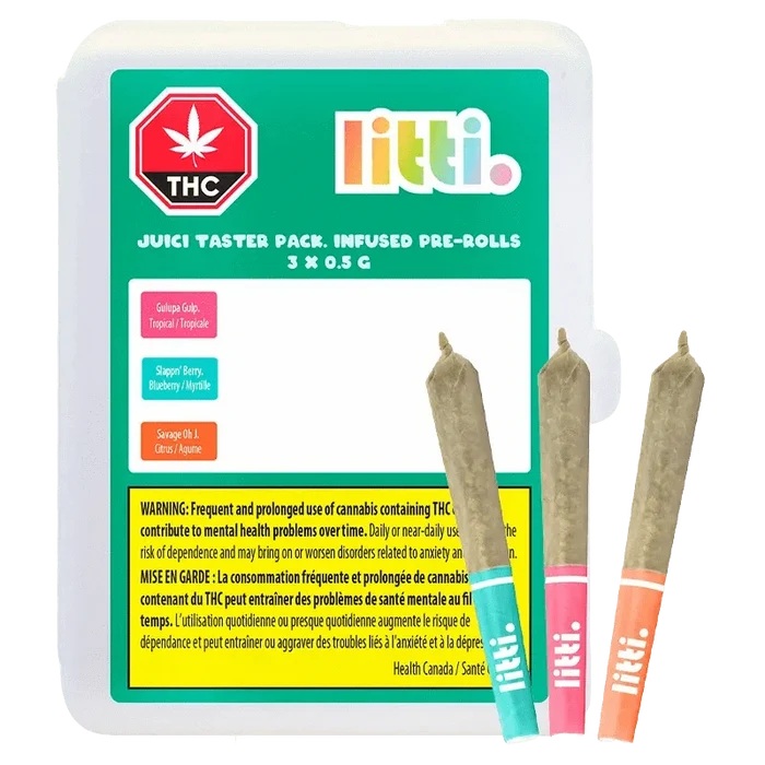Front view of the JUICI TASTER PACK Infused PR, showcasing three 0.5g pre-rolls against a red and white background.