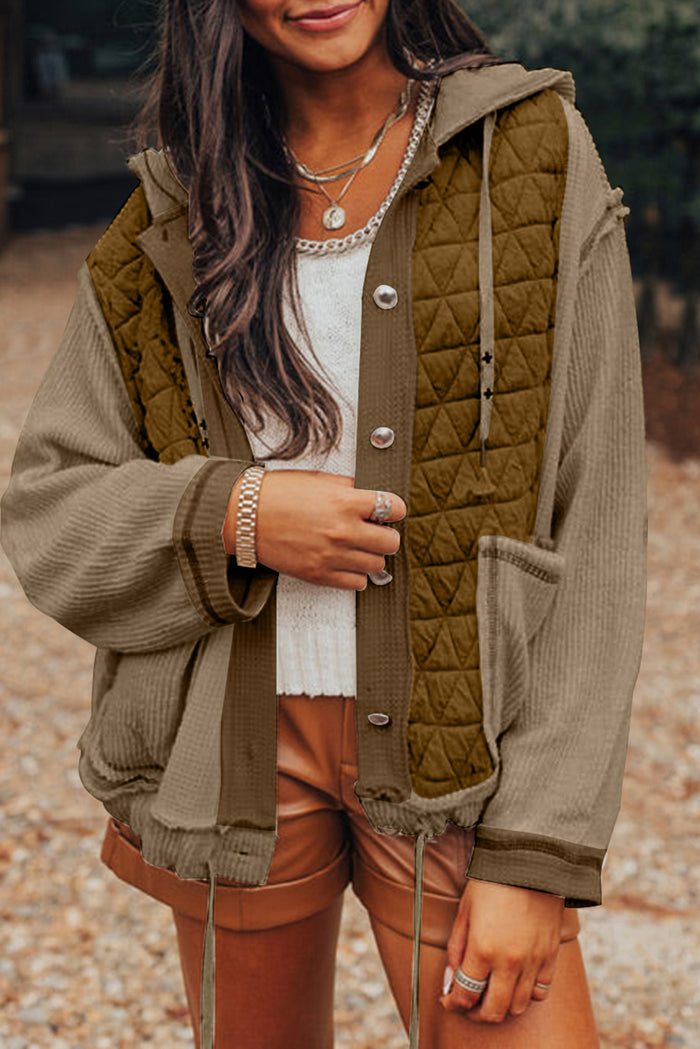 Jungle Green Quilted Textured Patchwork Loose Fit Hooded Jacket 🇺🇲