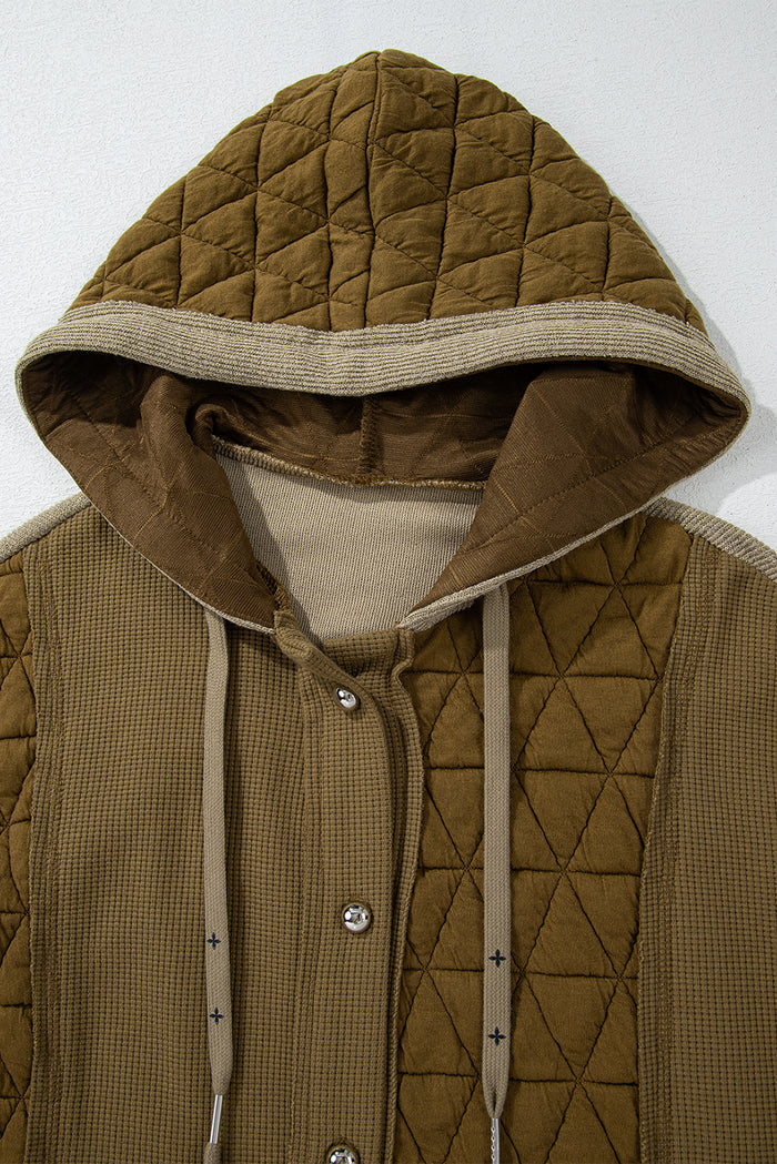 Jungle Green Quilted Textured Patchwork Loose Fit Hooded Jacket 🇺🇲