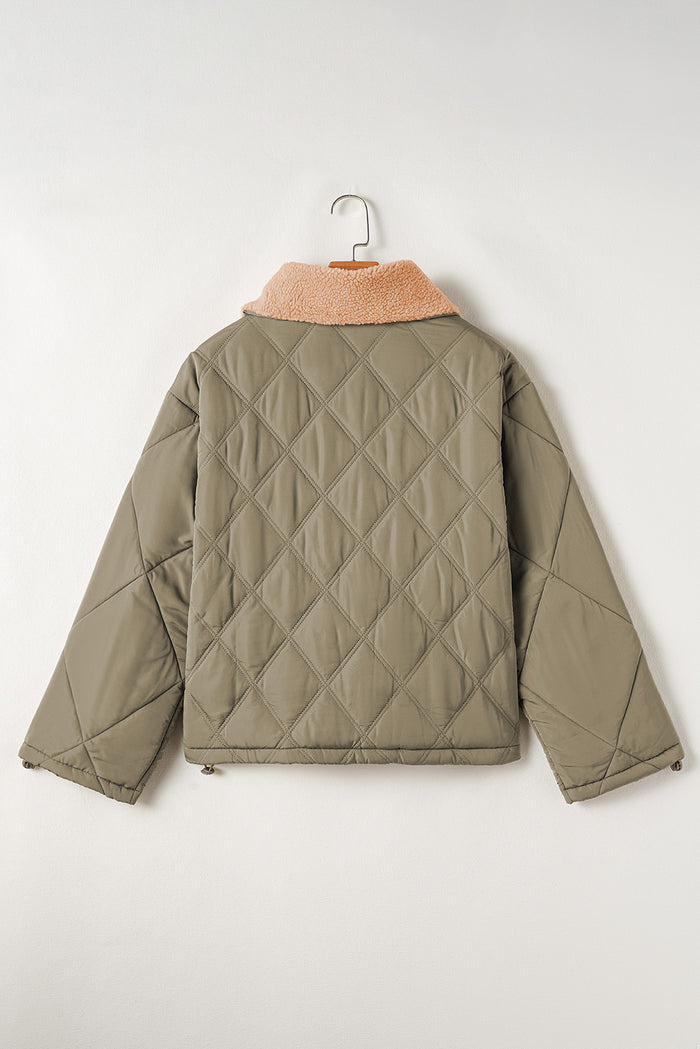 Jungle Green Teddy Collar Flap Pockets Quilted Puffer Jacket 🇺🇸