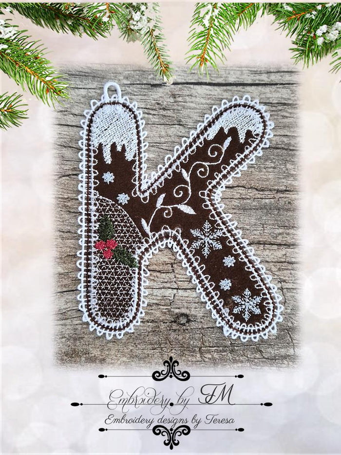 K gingerbread alphabet/5x7 hoop/combination of felt and lace