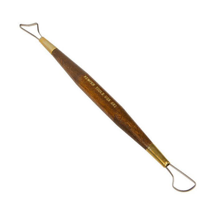 Kemper 8R1 8 inch double-ended ribbon tool, wooden handle with a triangular steel loop at one end and a rounded loop at the other