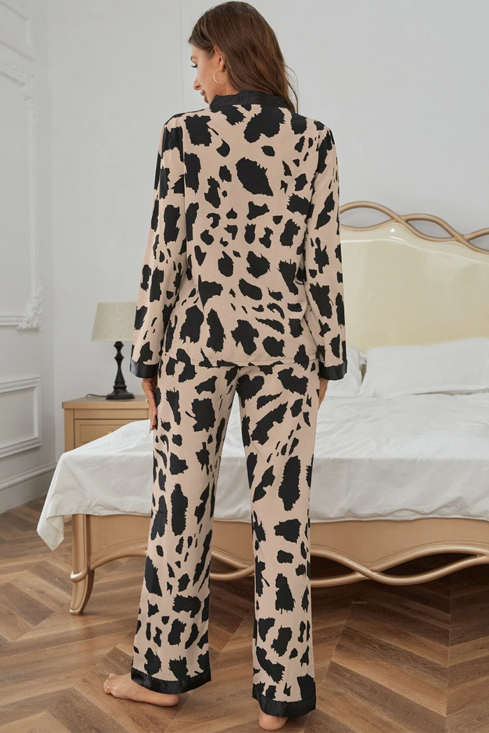 Khaki Cheetah Contrast Trim Loose Fit Two Piece Sleepwear 🇺🇸