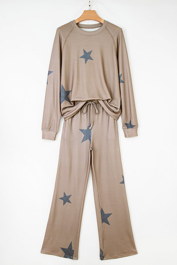 Khaki Retro Star Print Loose Long Sleeve Drawstring Wide Leg 2pcs Lounge Set 🇺🇸